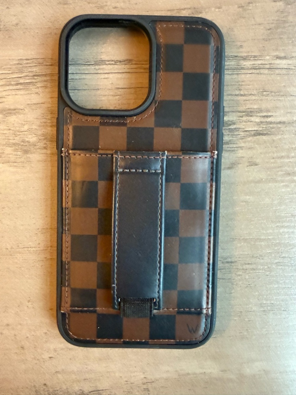 Checkered Brown Wallet Phone Case with Card Strap